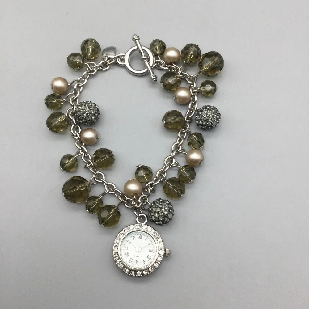Beaded Charm Bracelet Womens Watch 22mm Silver Tone White Dial Crystal Bezel 8